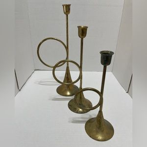 Vintage Set Of 3 Brass Candlestick Holders Christmas Horn Bugle Trumpet MCM